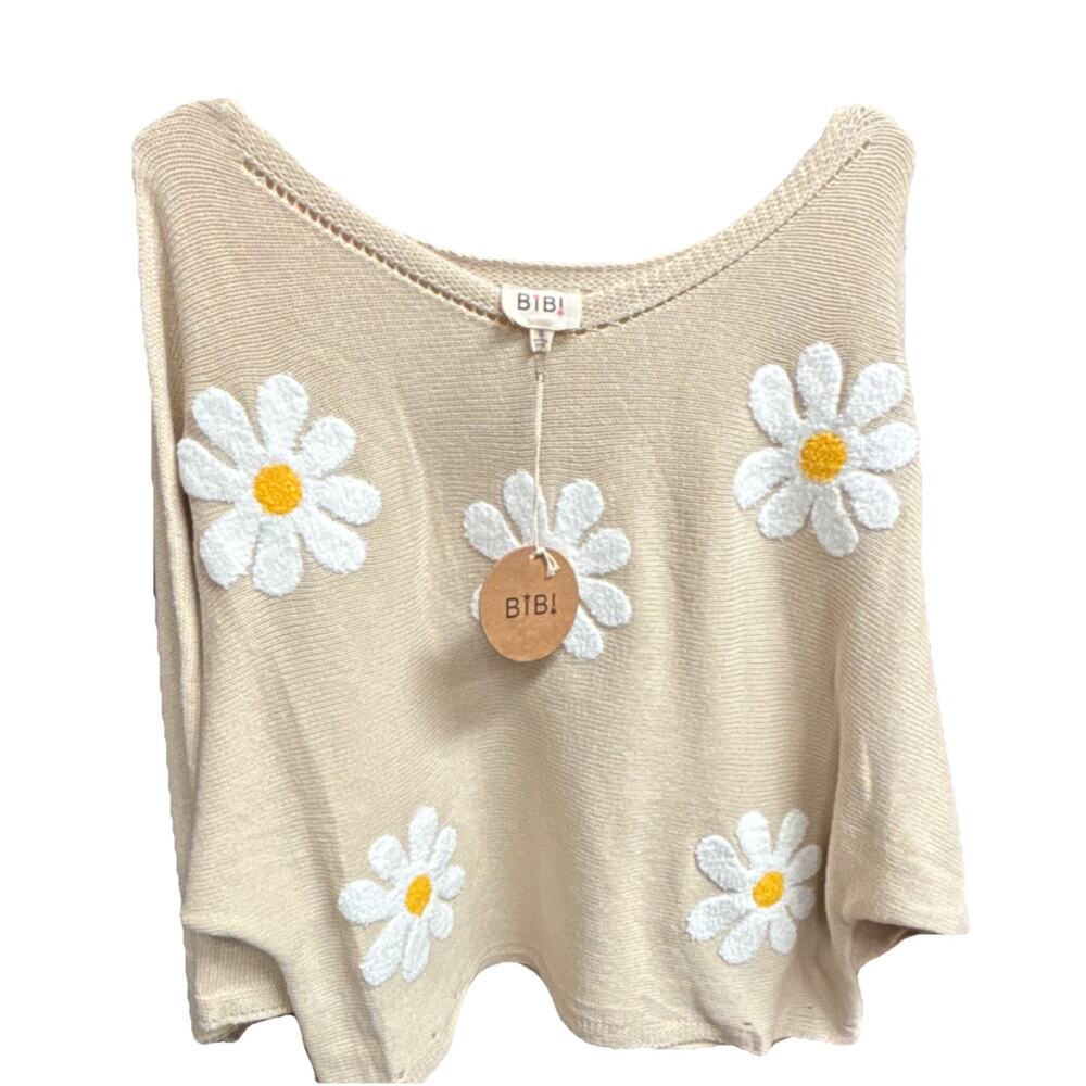 BIBI Beige Daisy Floral Knit Boat Neck Pullover Sweater Women's Size S